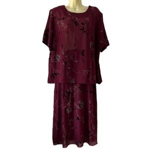 Vtg MW Modern Woman Size 18 20W Wine Red Print Flocked 2 Pc Maxi Skirt Blouse